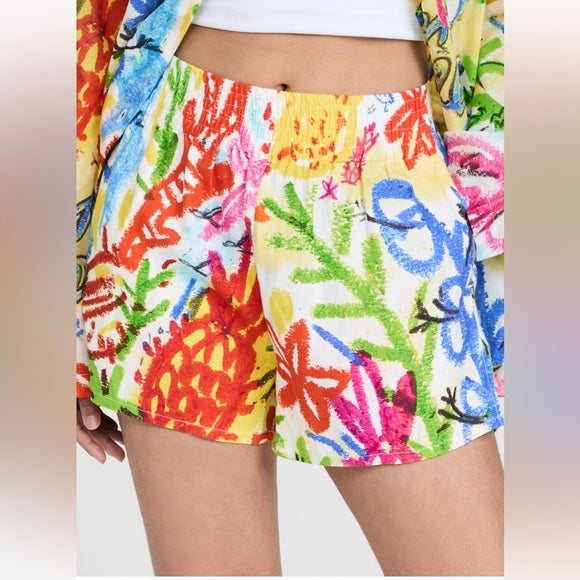 SIMON MILLER bright multicolour linen shorts, graffiti-like pattern