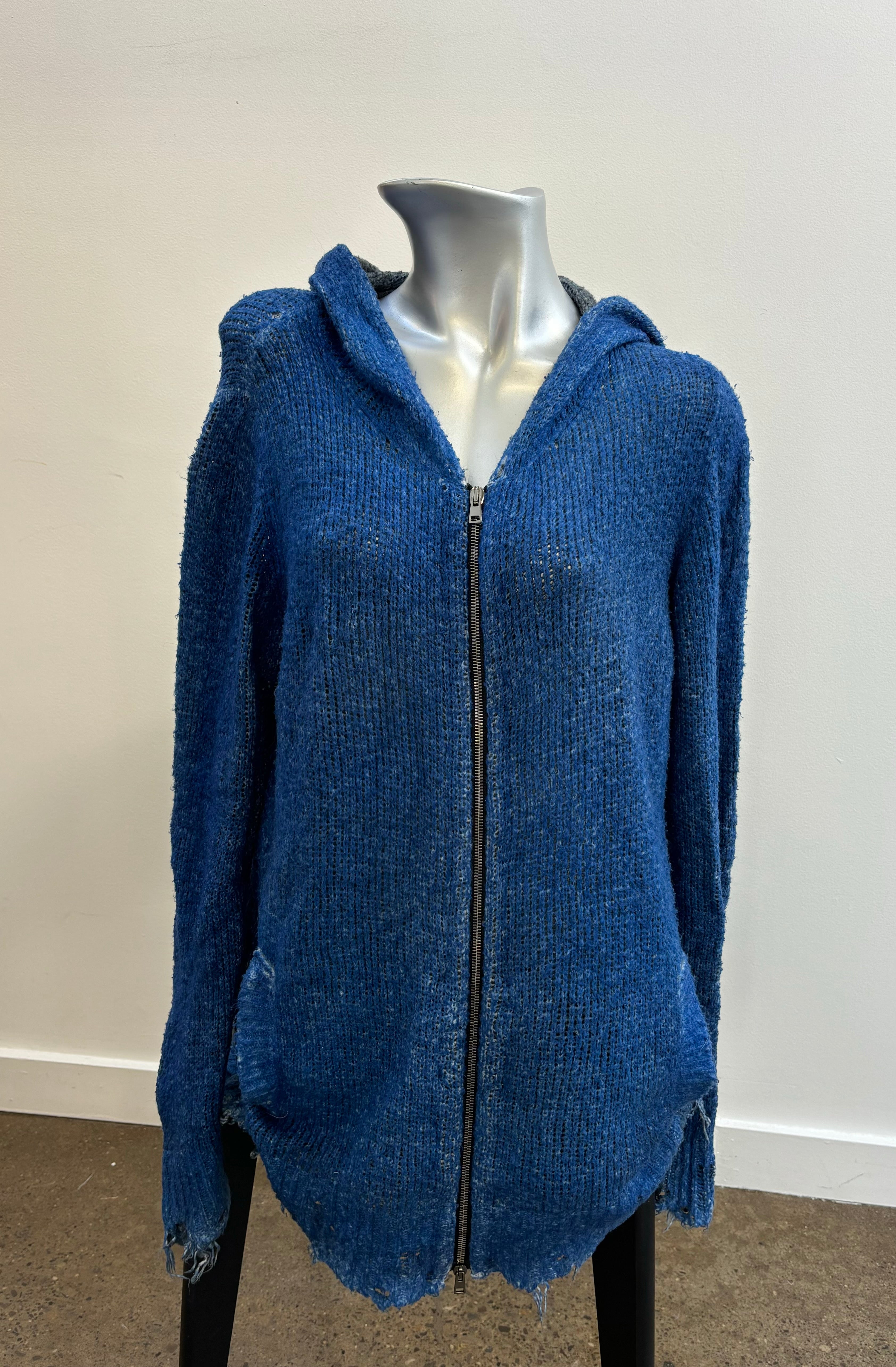 AVANT TOI blue knit zip up hoodie, frayed hems