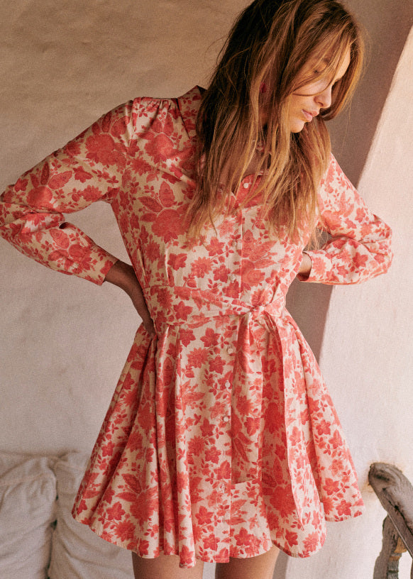 SEZANE orange floral button up dress and tie
