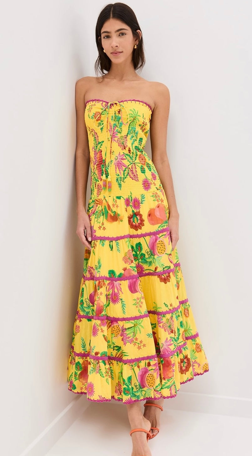 FARM Rio
Delicate Fruit Garden Yellow Smocked Maxi Dress
