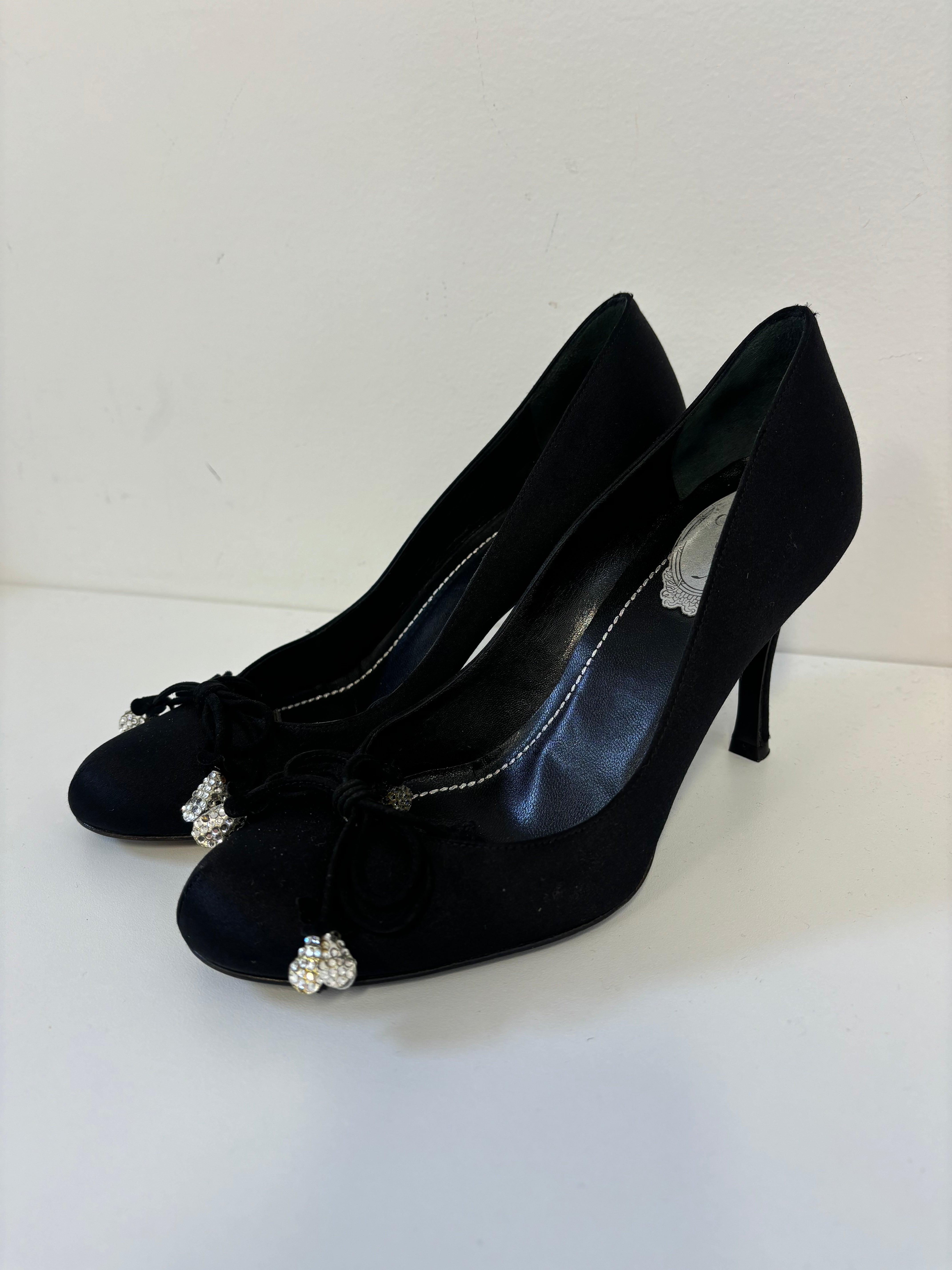 RENE CAOVILLA black satin closed toe heels with floral sparkle gem laces