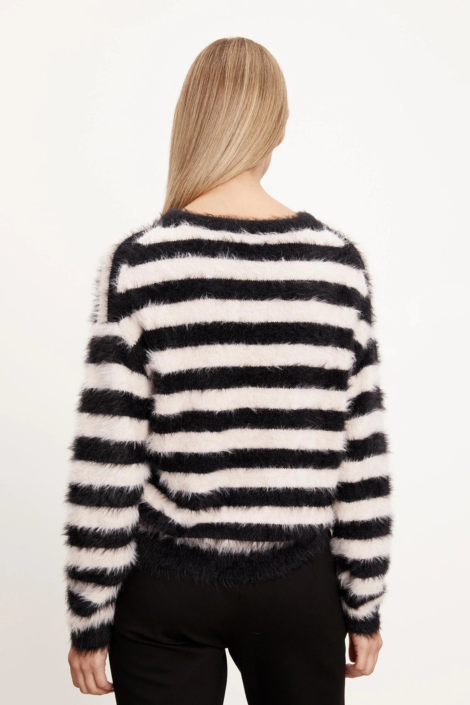 VELVET faux mohair sweater pink and black striped crewneck