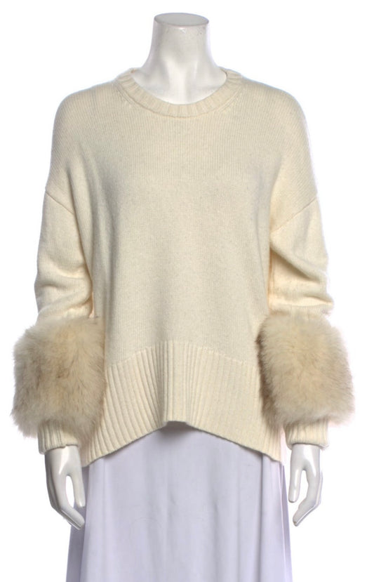 CINQ A SEPT - Ivory Fur Trimmed Sweater