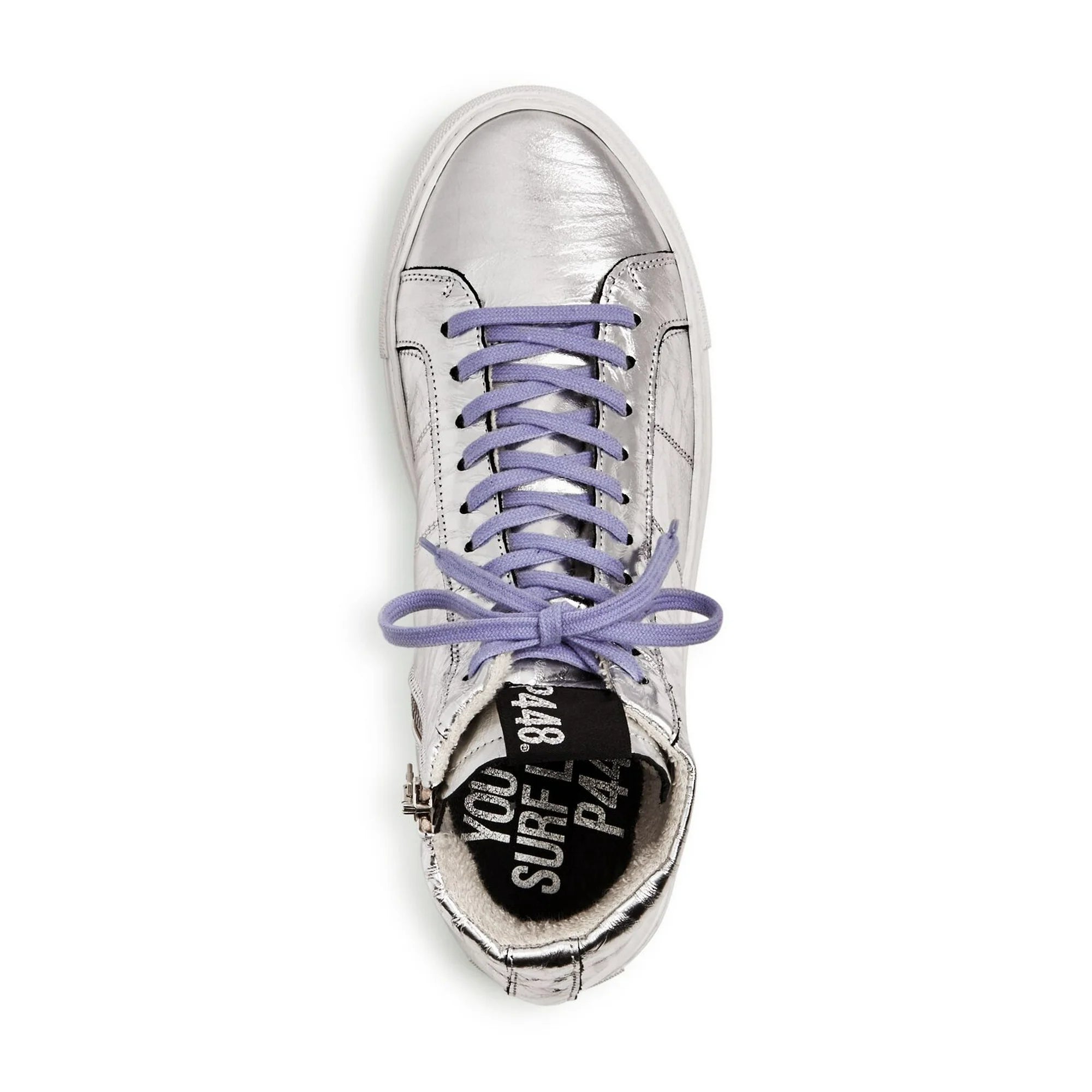 P448 silver high tops with purple laces