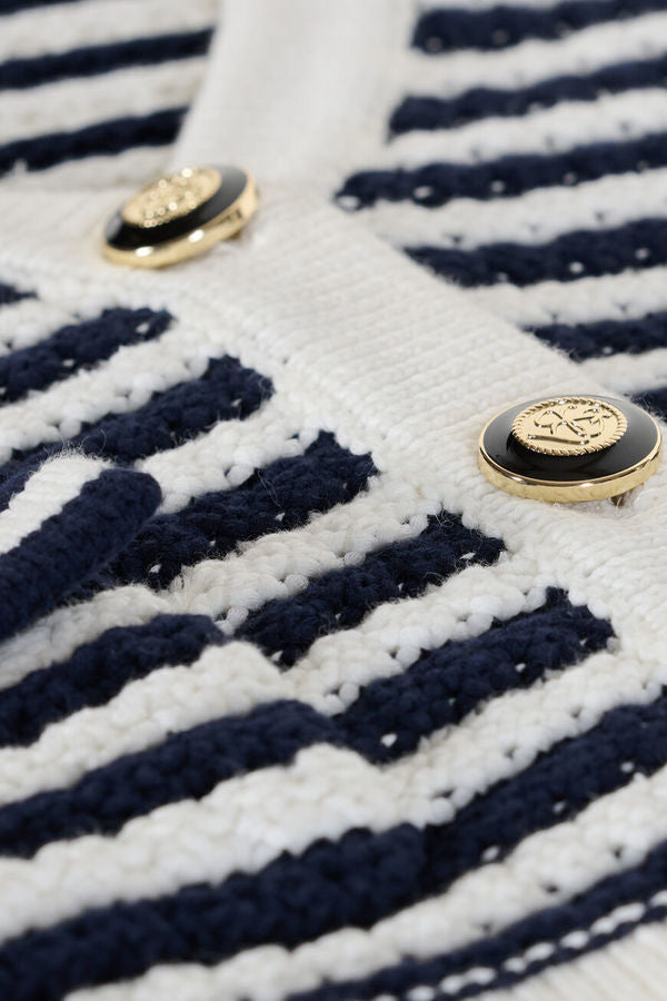 BA&SH navy and ivory cropped knit cardigan w gold and black buttons