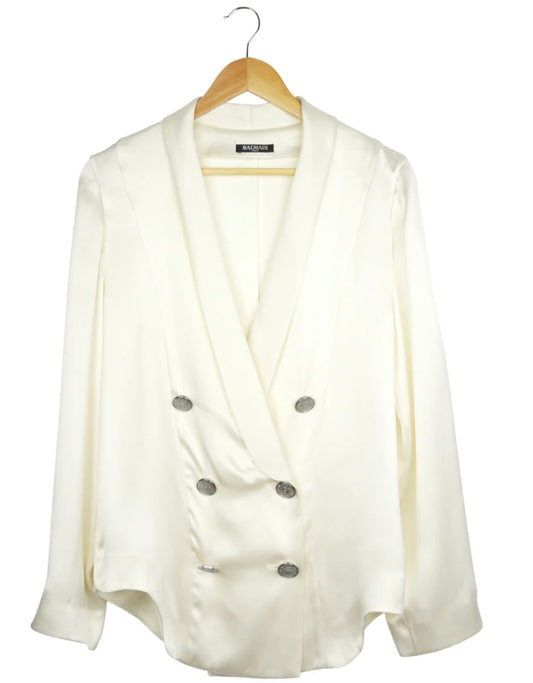 BALMAIN - Ivory Silk Bouble Breasted Draped Blazer Jacket