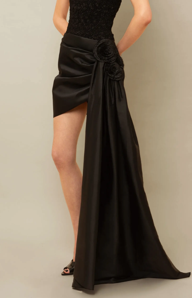 CONTESSA MILLS black skirt with flower and long drape down front