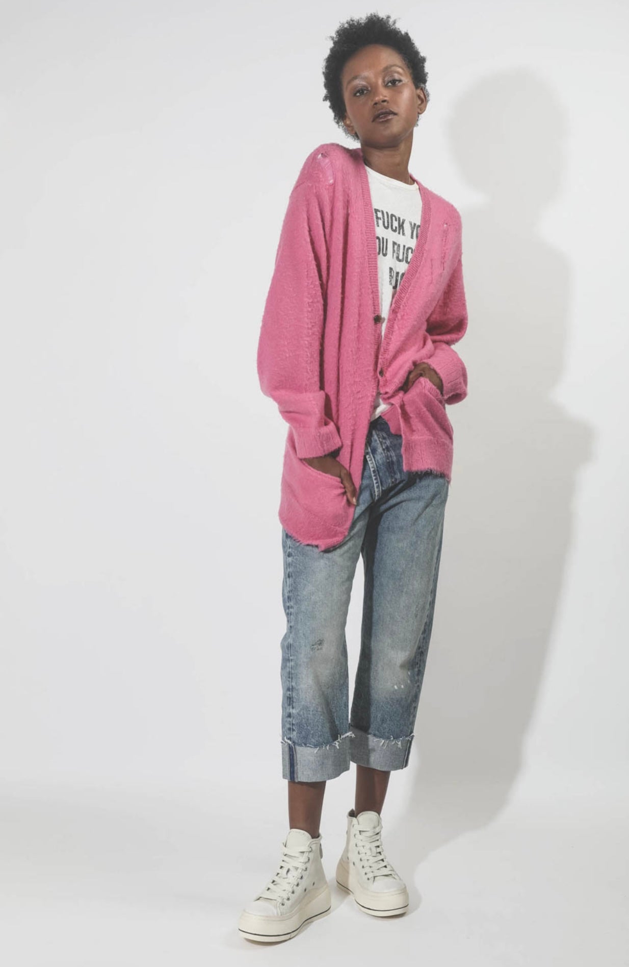 R13 Denim Collection Shaggy Oversized Distressed Edge Cardigan - Pink