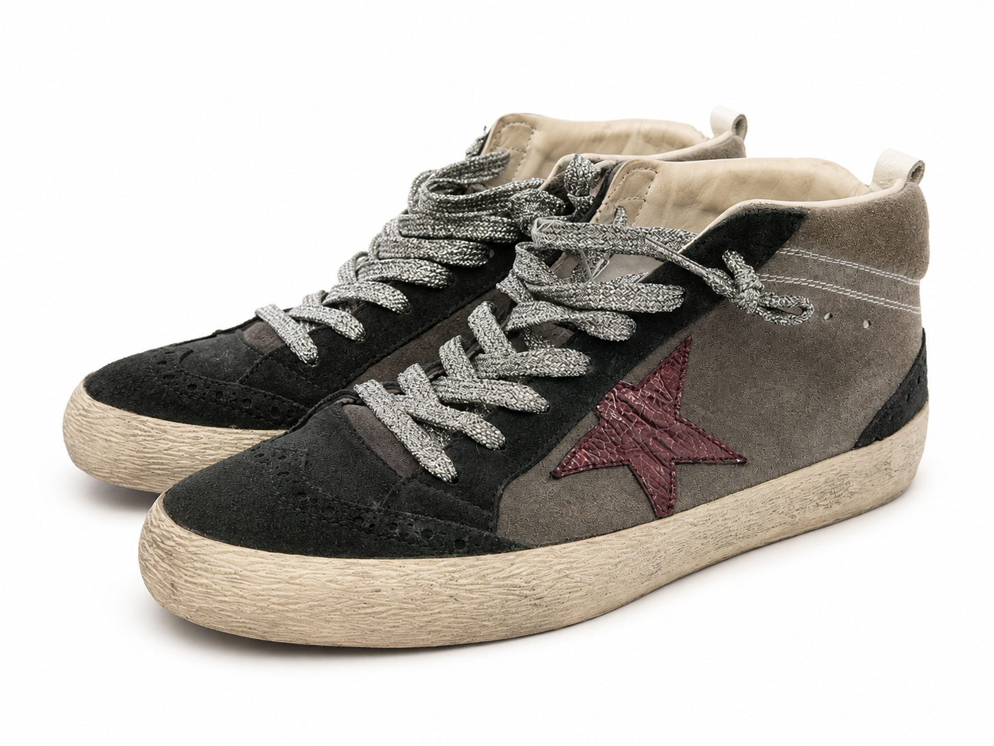 Golden Goose Black and Grey with Purple Star High Top Sneakers
