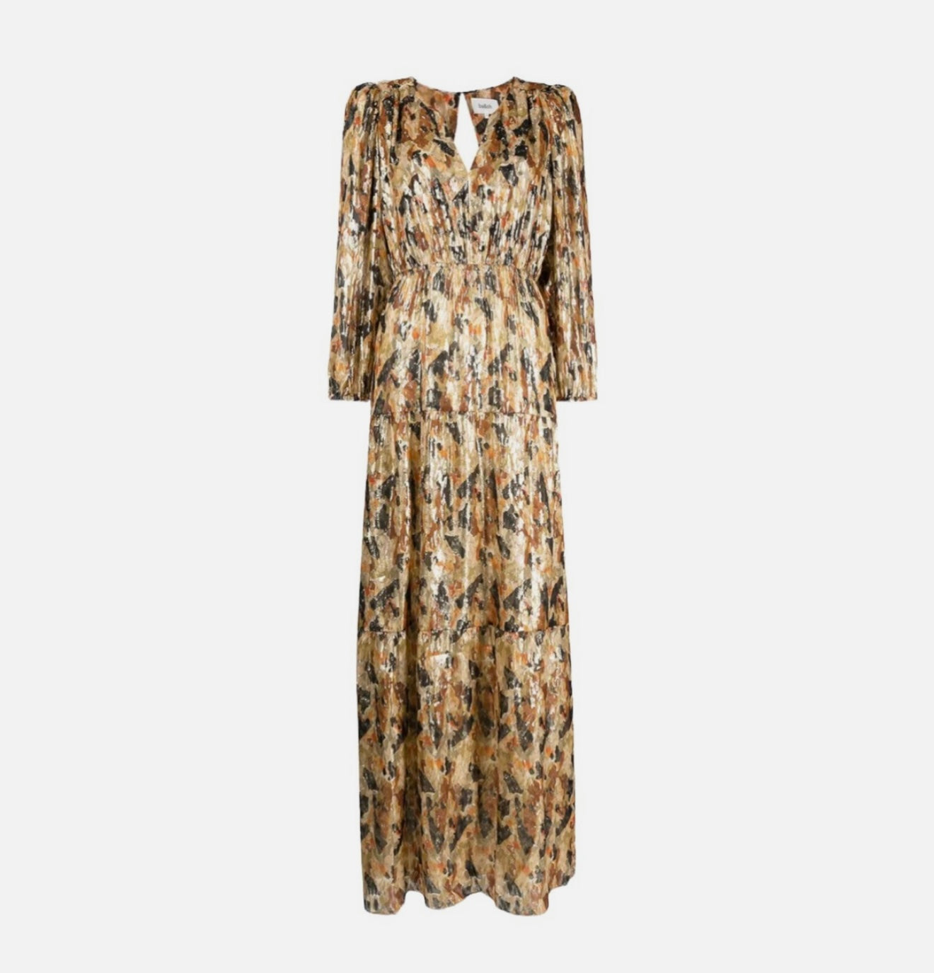 BA&SH Gullian Robe Maxi Dress Long Sleeve Gold Metallic Print