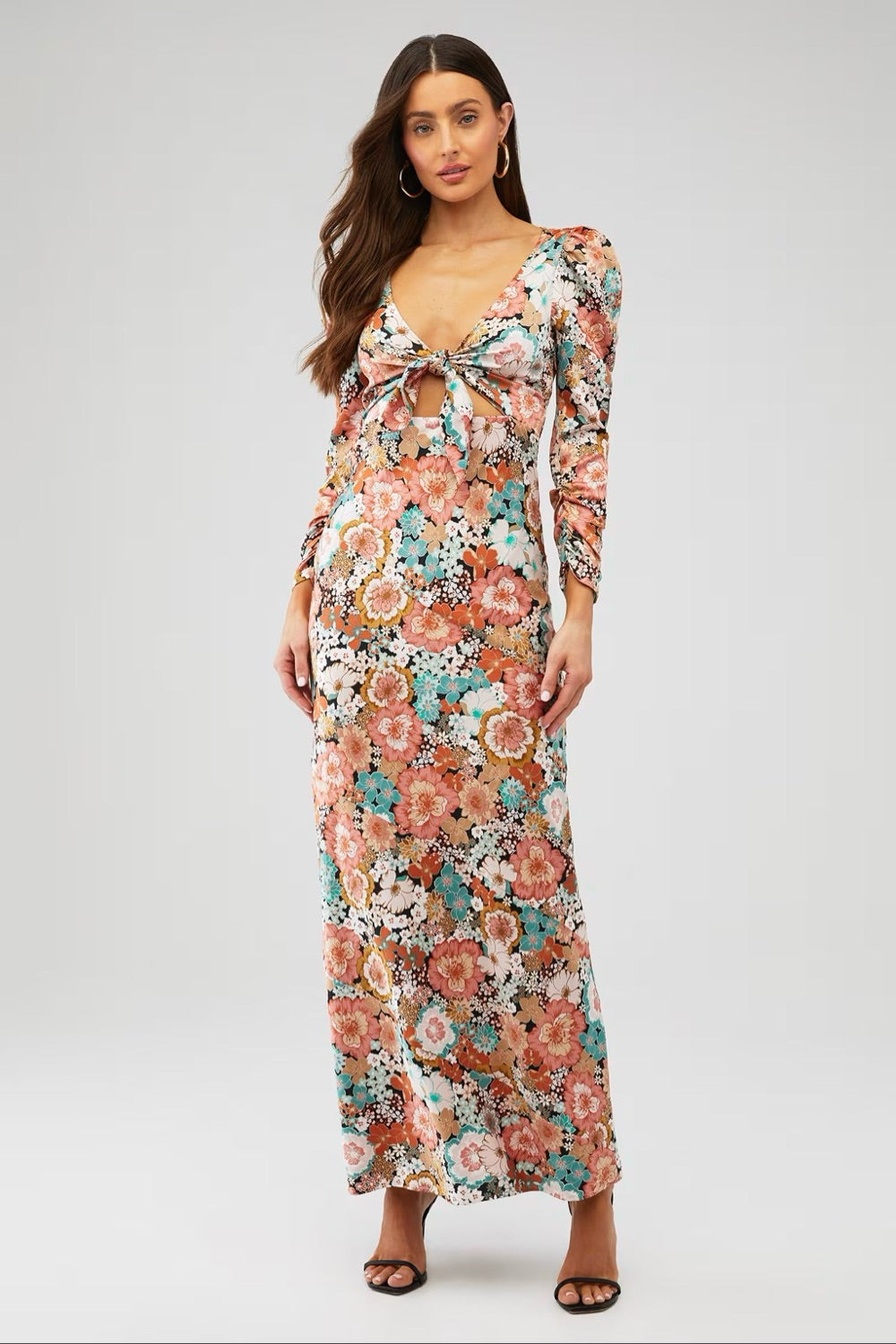 For Love and Lemons Multicolor Floral Long Sleeve Maxi Dress with Tie front