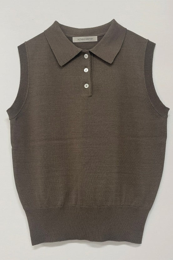 NOTHING WRITTEN brown sleeveless knit polo neck