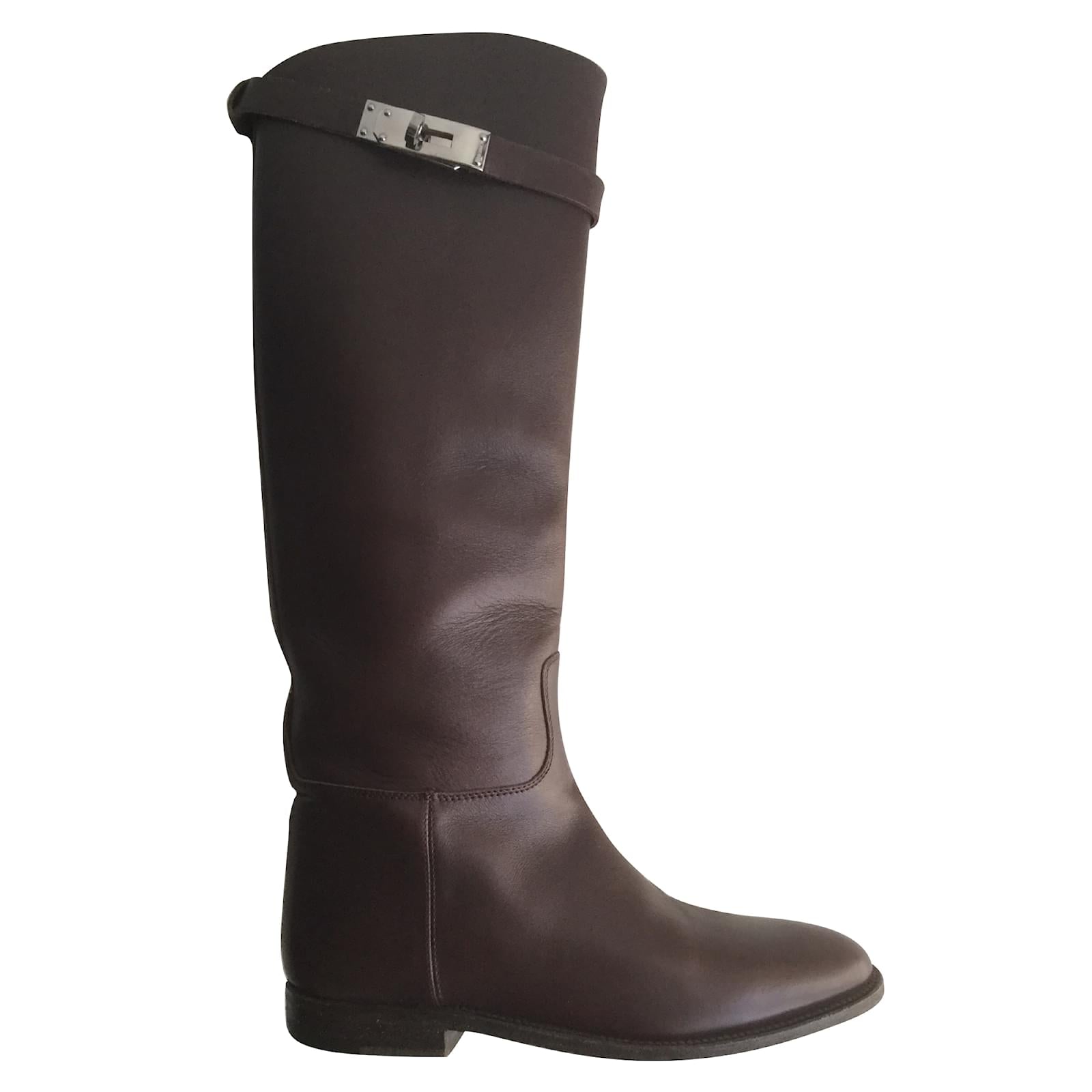 HERMES chocolate brown knee high leather boots with silver buckle detail