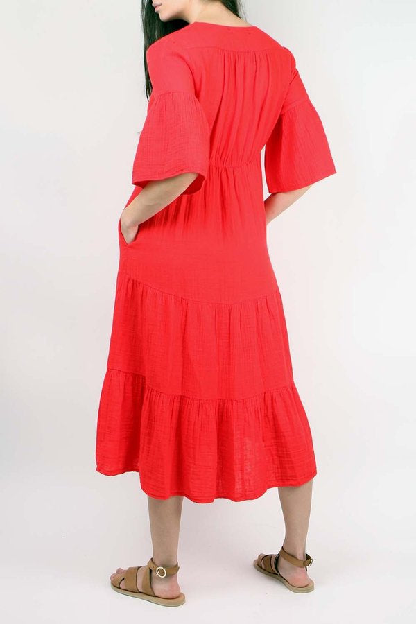 XIRENA red short sleeve button up gauze midi dress