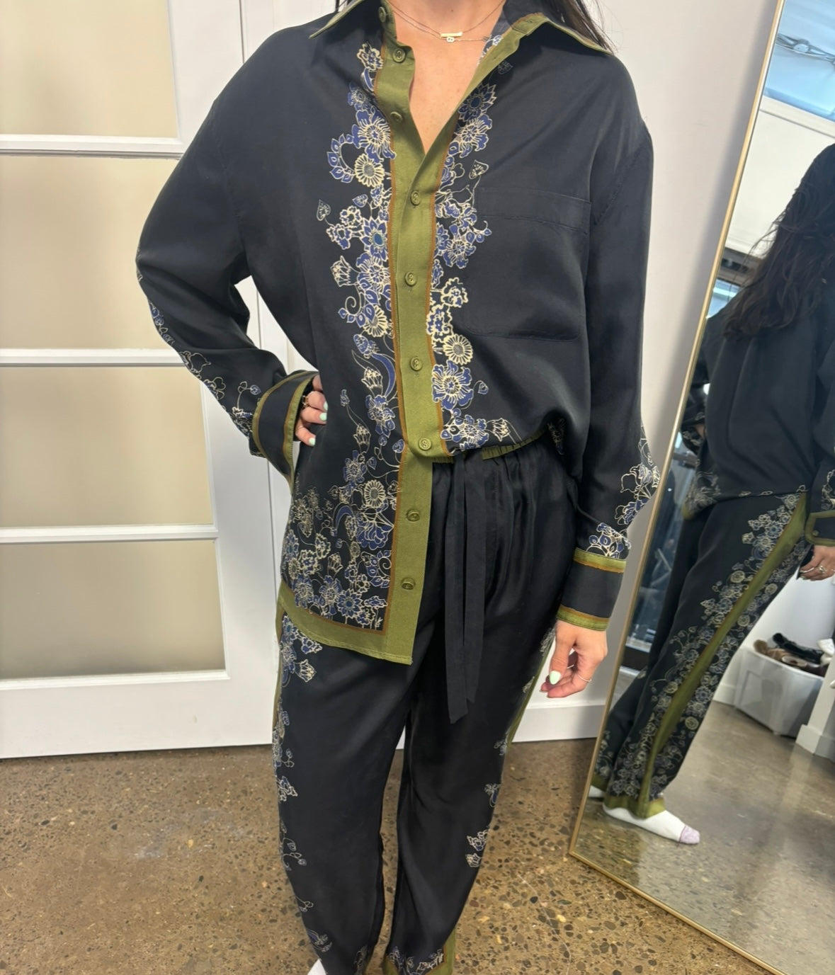 ZIMMERMANN BLACK SILK FLORAL BLOUSE AND PANTA WITH GREEN/BRONZE TRIMMING