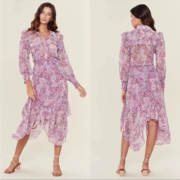 MISA LA purple print long sleeve maxi dress