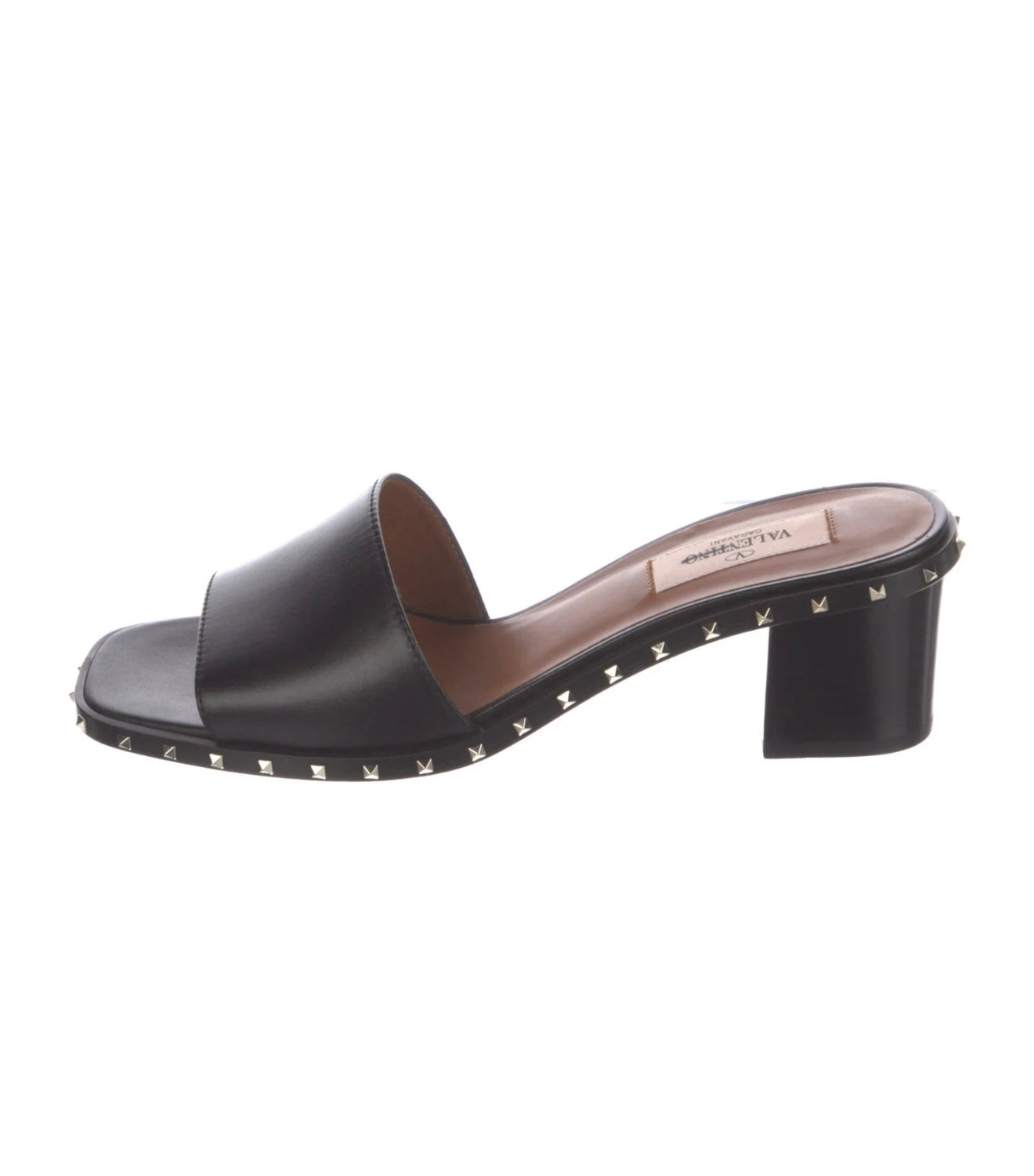 VALENTINO rockstud block heel slides in black