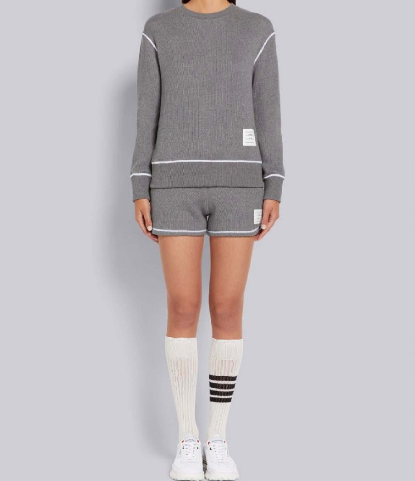 THOM BROWNE -  GREY MESH BACK COTTON RIB CONTRAST COVER STITCH CREW NECK PULLOVER SWEATSHIRT