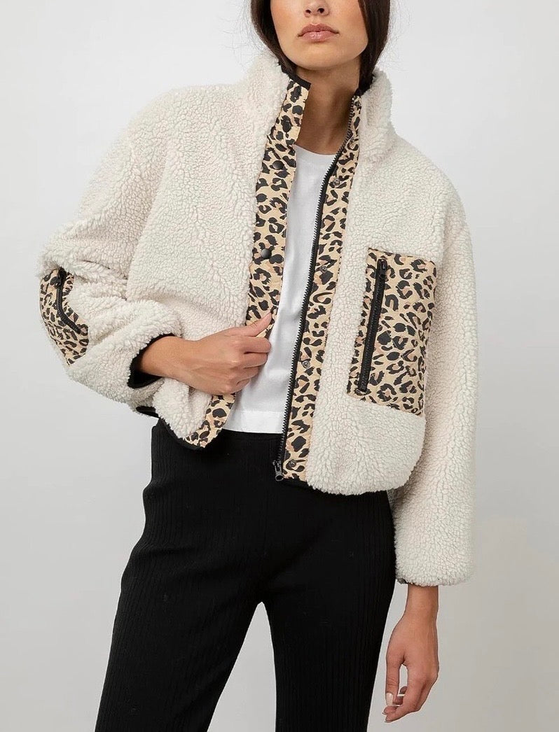 RAILS "DEAN" cream sherpa/teddy zip sweater with cheetah fabric details over zipper and chest pocket