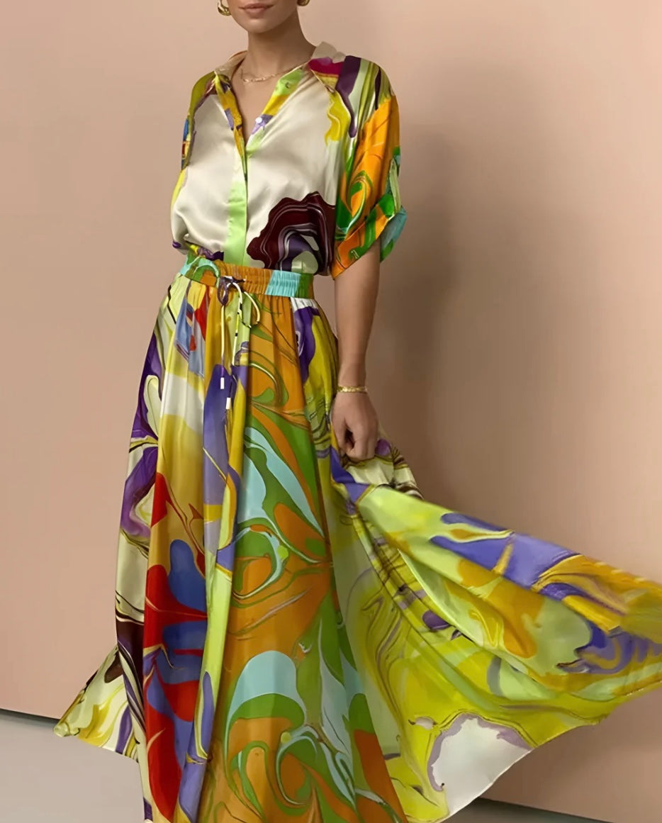 Commense - Satin Print Drawstring Skirt Set