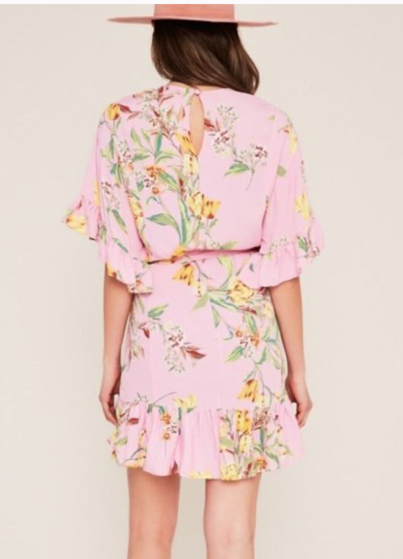 AFRM - Tokyo Ruffle Sleeve Pink Tulip Wrap Minidress Floral