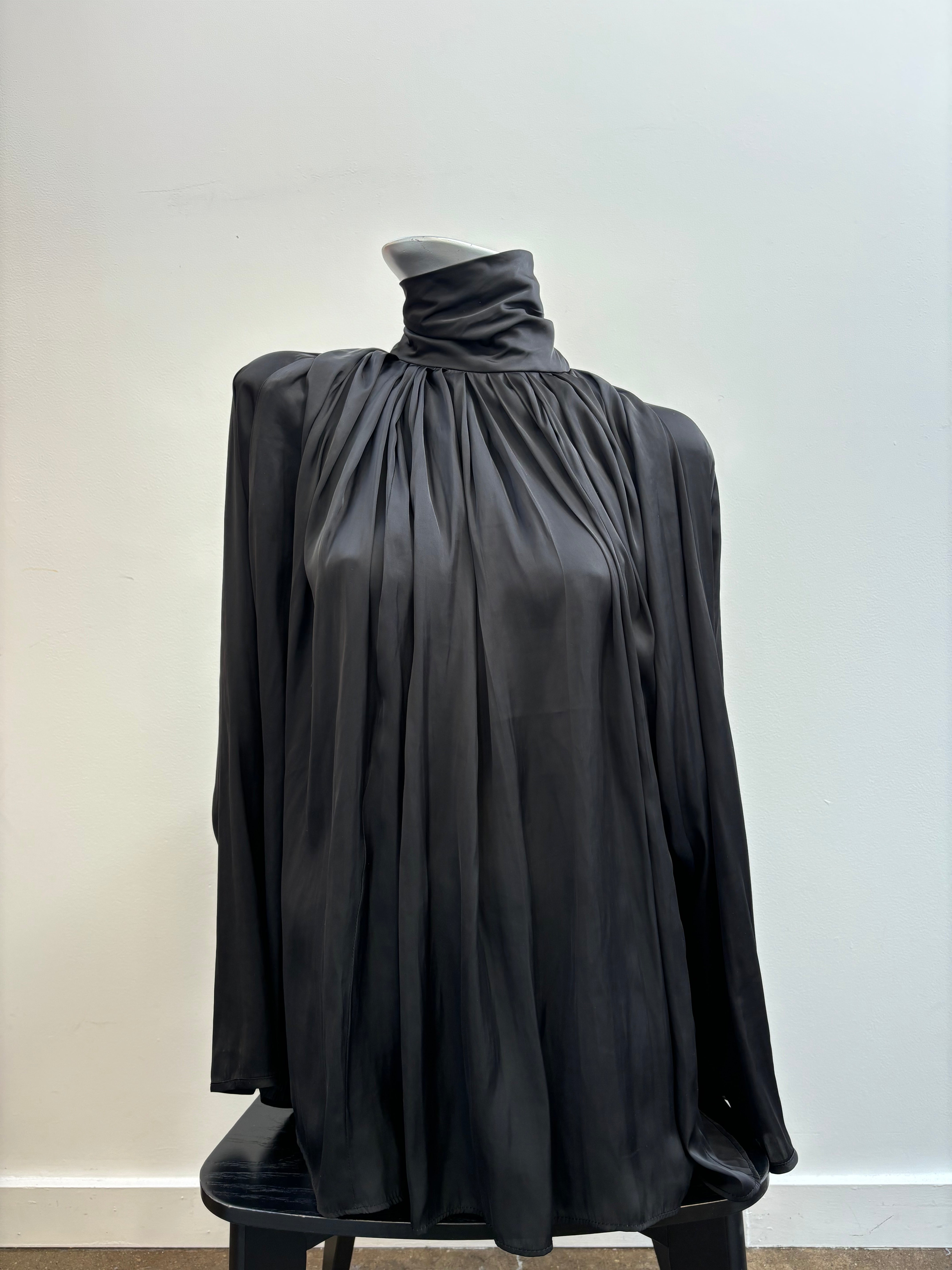 SMYTHE black satin turtleneck long sleeve blouse, button up back