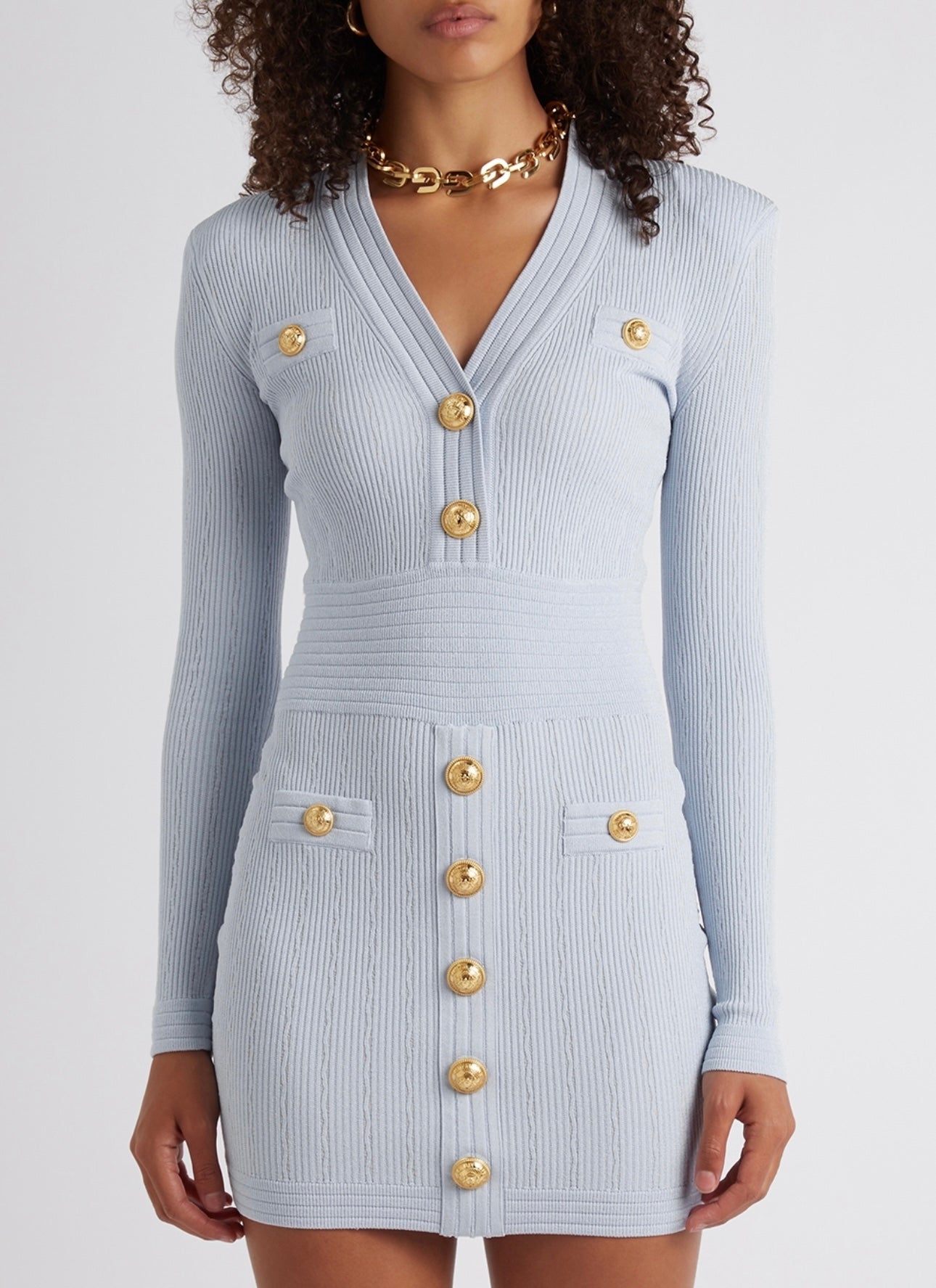 BALMAIN 
Ribbed-Knit Mini Dress - Light Blue