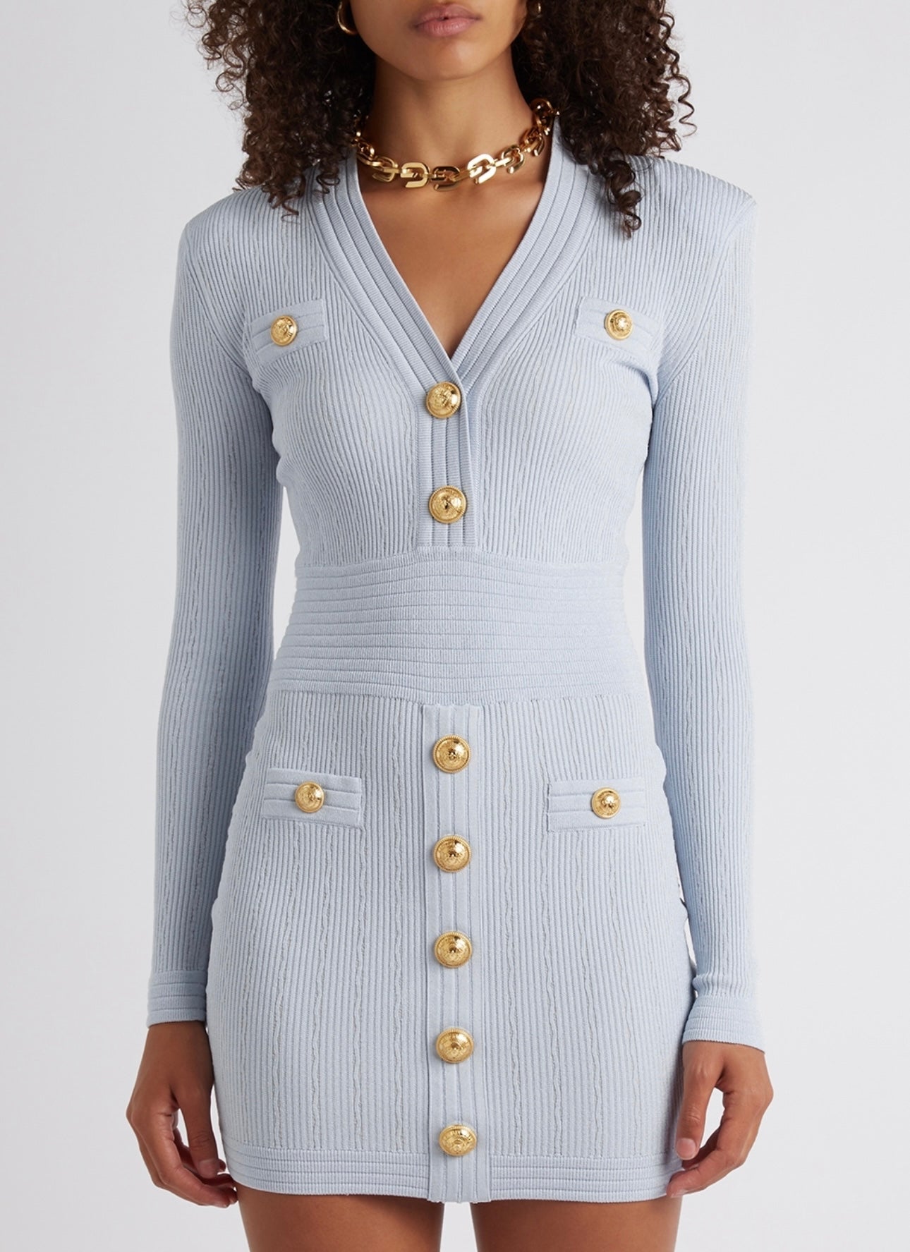 BALMAIN 
Ribbed-Knit Mini Dress - Light Blue