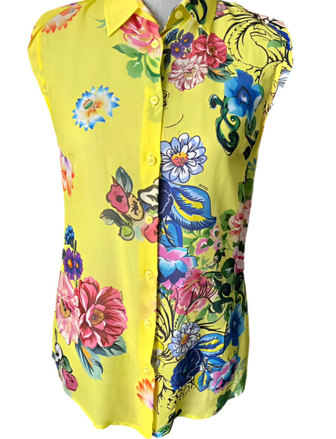 VERSACE 'versus' yellow 100% silk floral sleeveless button up