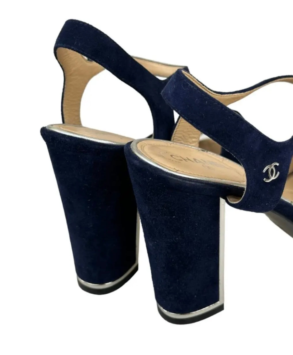 Preloved Chanel - Navy Suede Block Heel CC logo Sandals