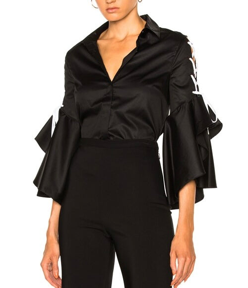 Jonathan Simkhai Lace Up Ruffle Sleeve Blouse