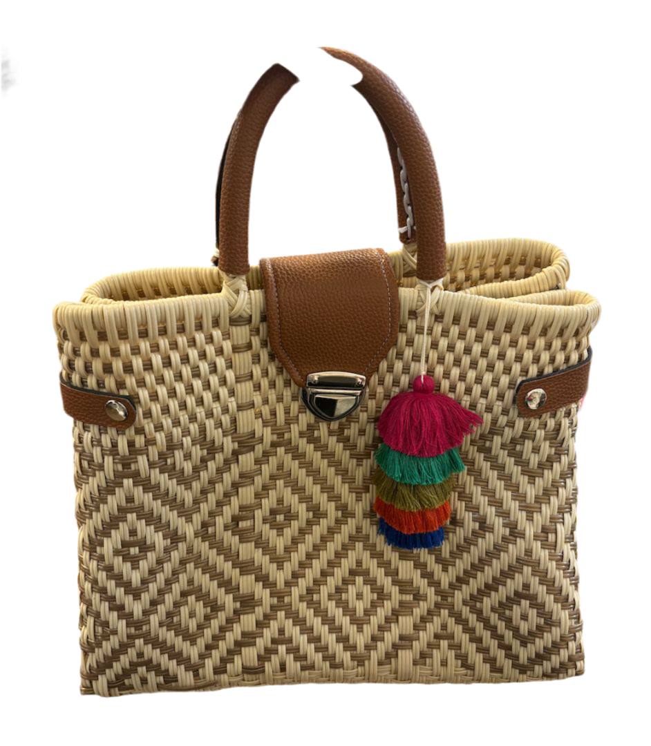 UNKNOWN BRAND wicker bag with colourful pom pom