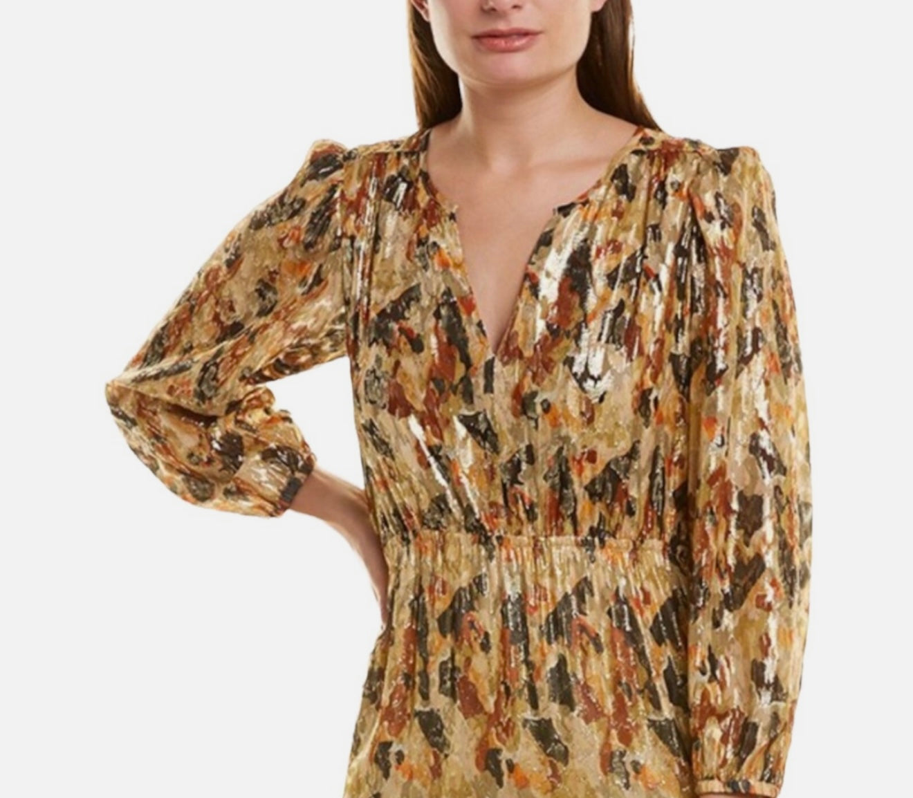 BA&SH Gullian Robe Maxi Dress Long Sleeve Gold Metallic Print