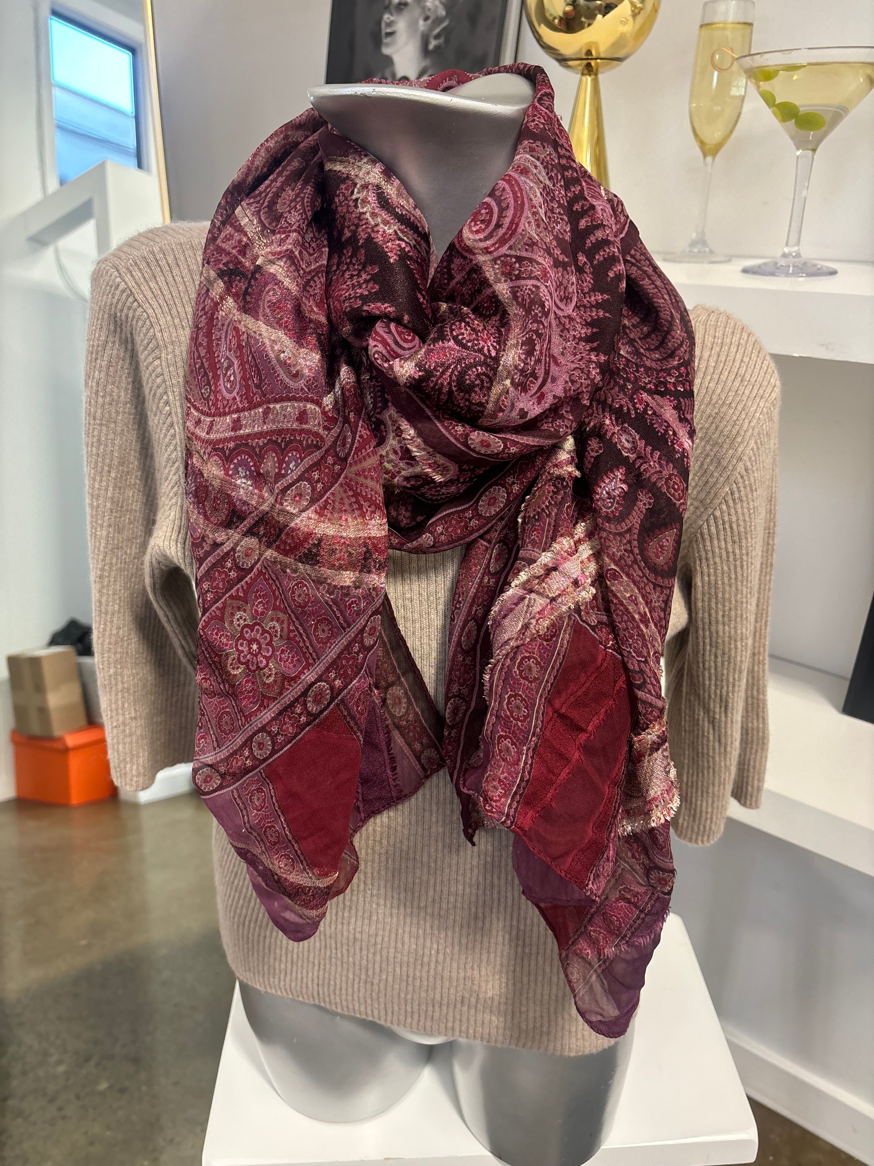 VALENTINO pink, magenta/champagne glitter, paisley print silk scarf