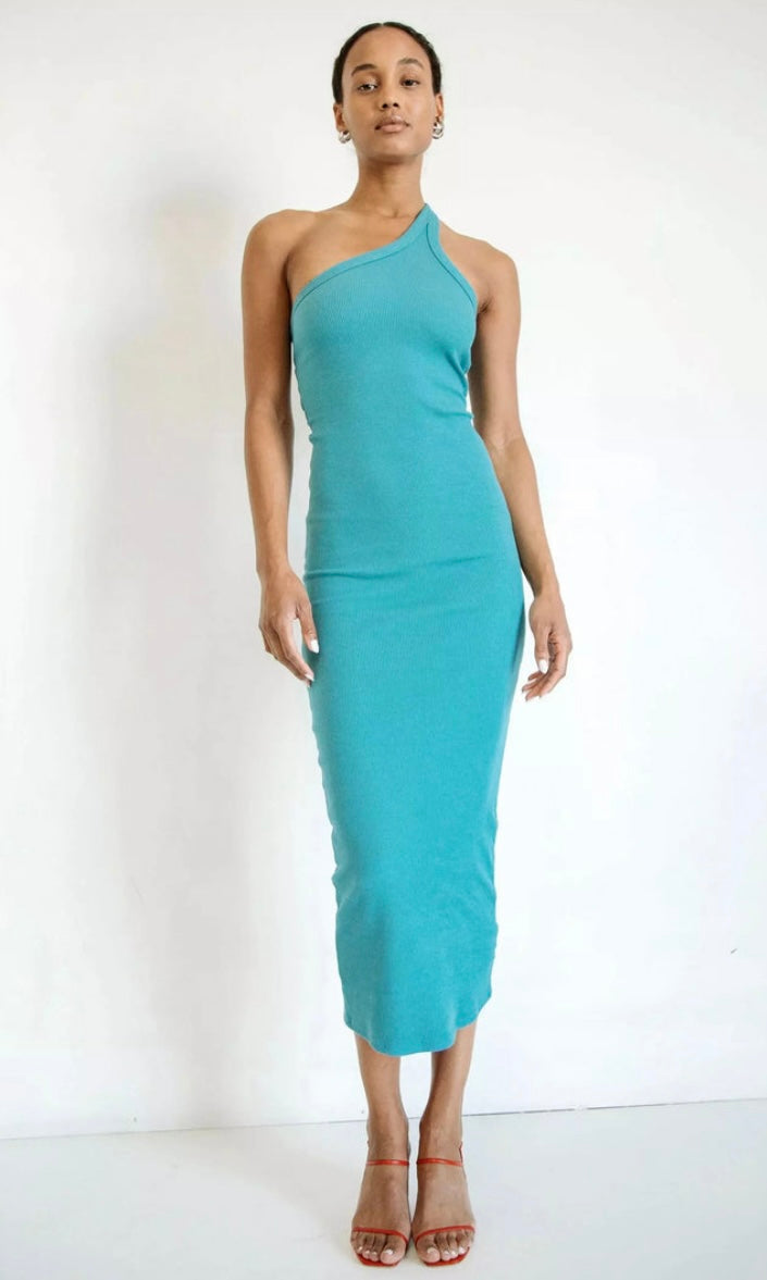 The Line by K Gael One Shoulder Ribbed Knit Ozone Blue Maxi Dress Cut Out Back