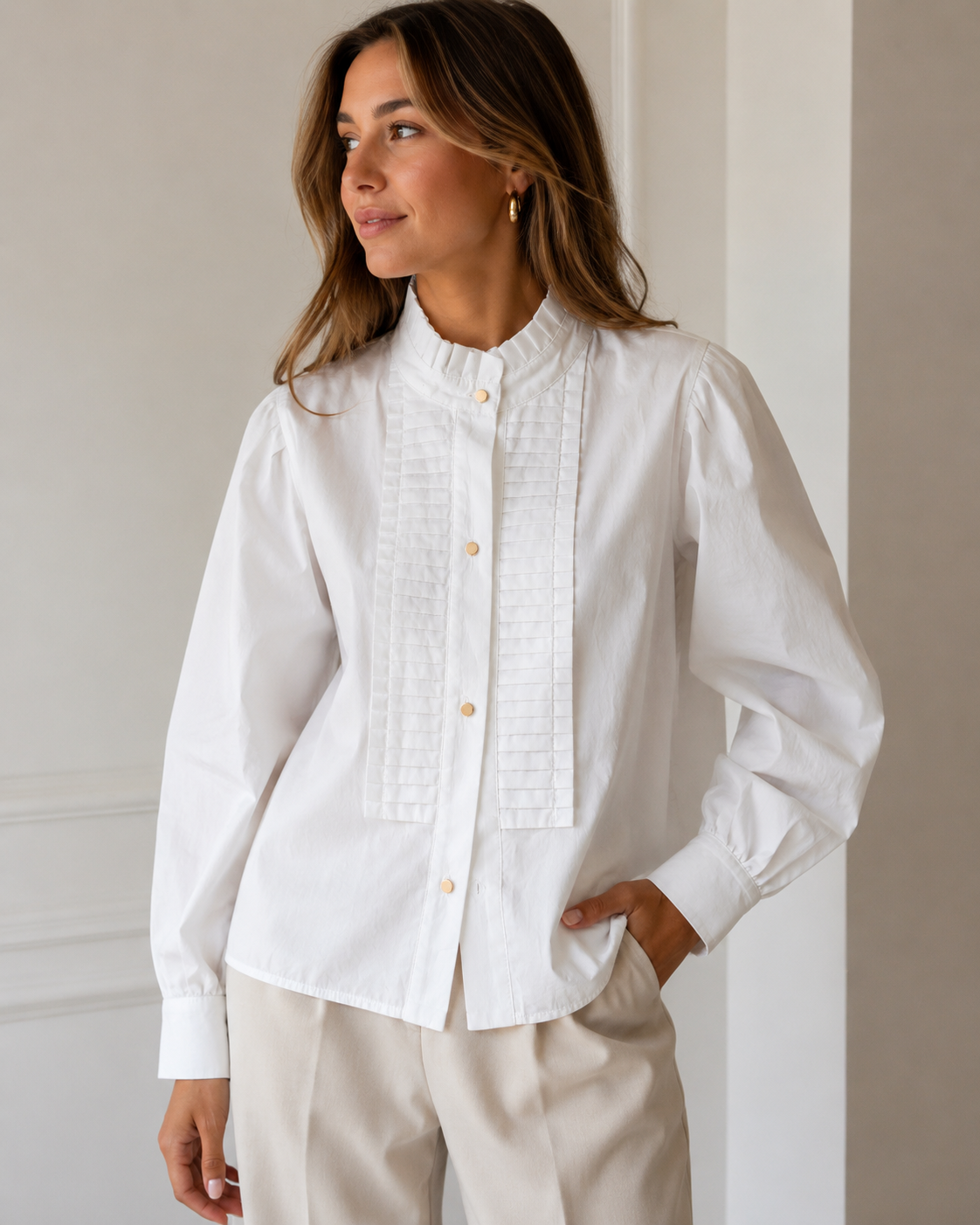 TWP white button up long sleeve top with gold buttons and collar/front ruffles