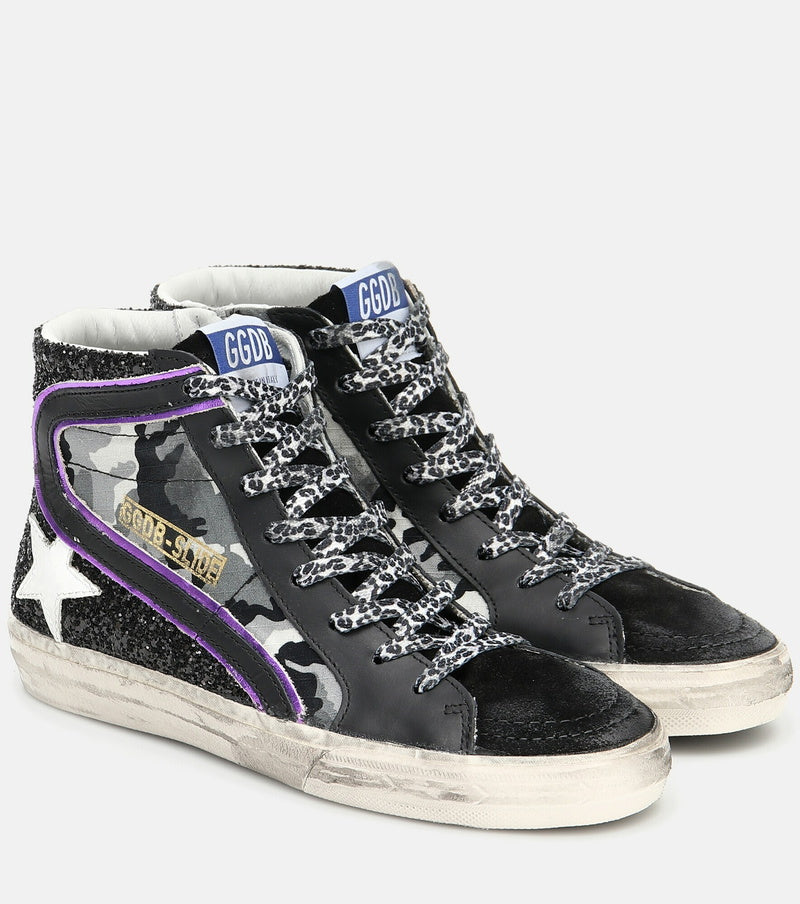 GOLDEN GOOSE high top sneakers, black camo and sparkles, purple stripe