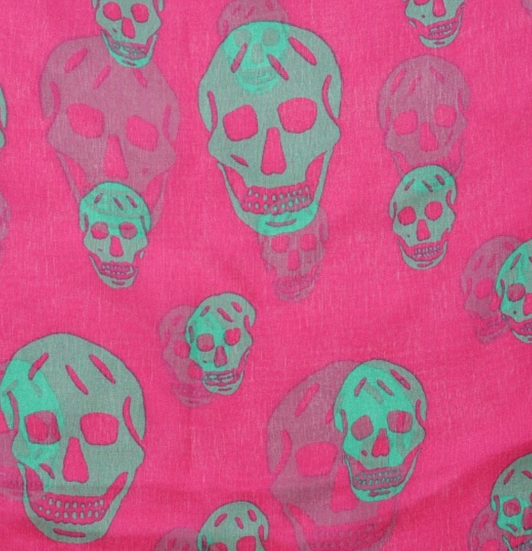 ALEXANDER MCQUEEN 
Silk Chiffon Skull Scarf Pink Green