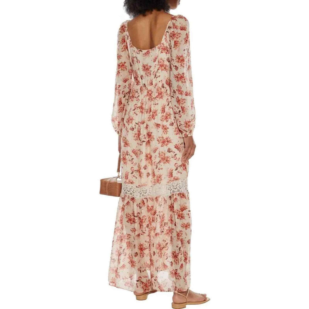 Cami NYC Cream Red Floral Lace Trim Midi Dress with Puff Sleeves