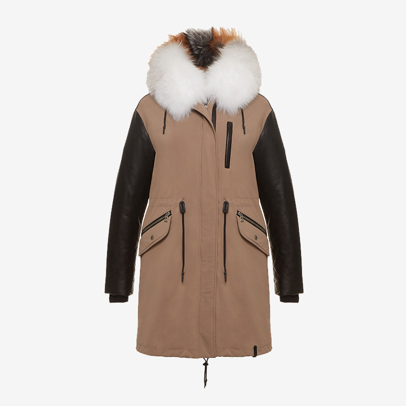 RUDSAK long coat with leather sleeves and fur hood