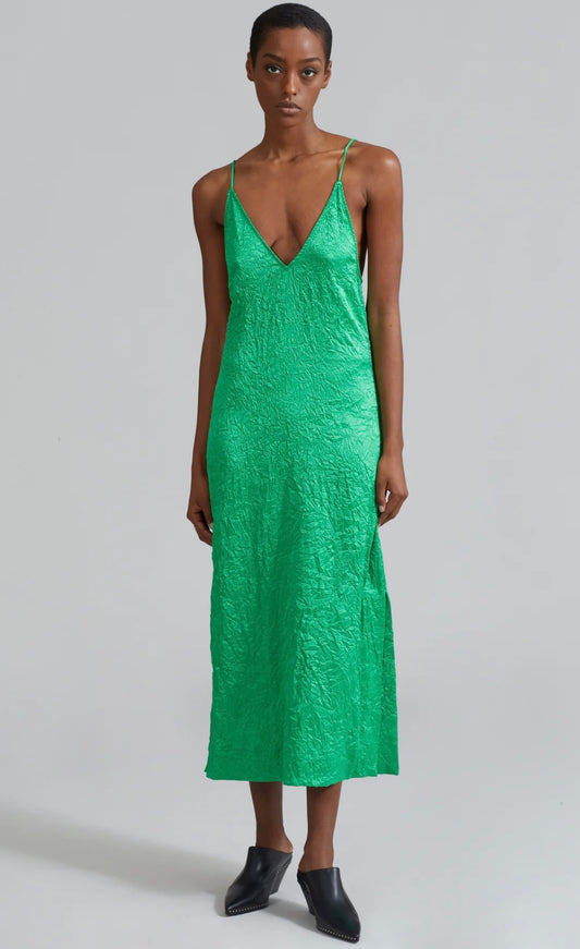 GANNI - CRINKLED SATIN SLIP DRESS - BRIGHT GREEN