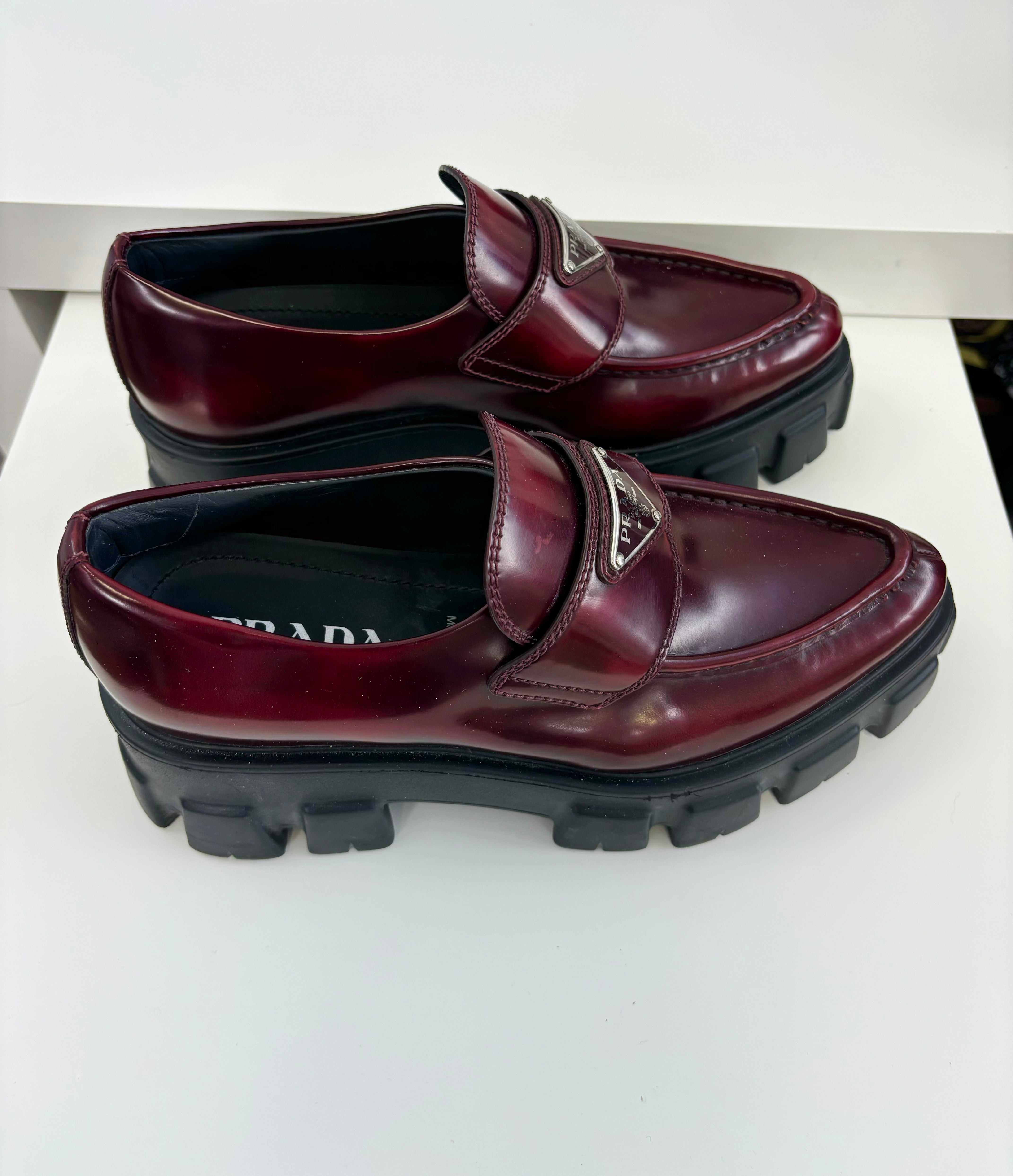 PRADA red chunky pointed toe loafers