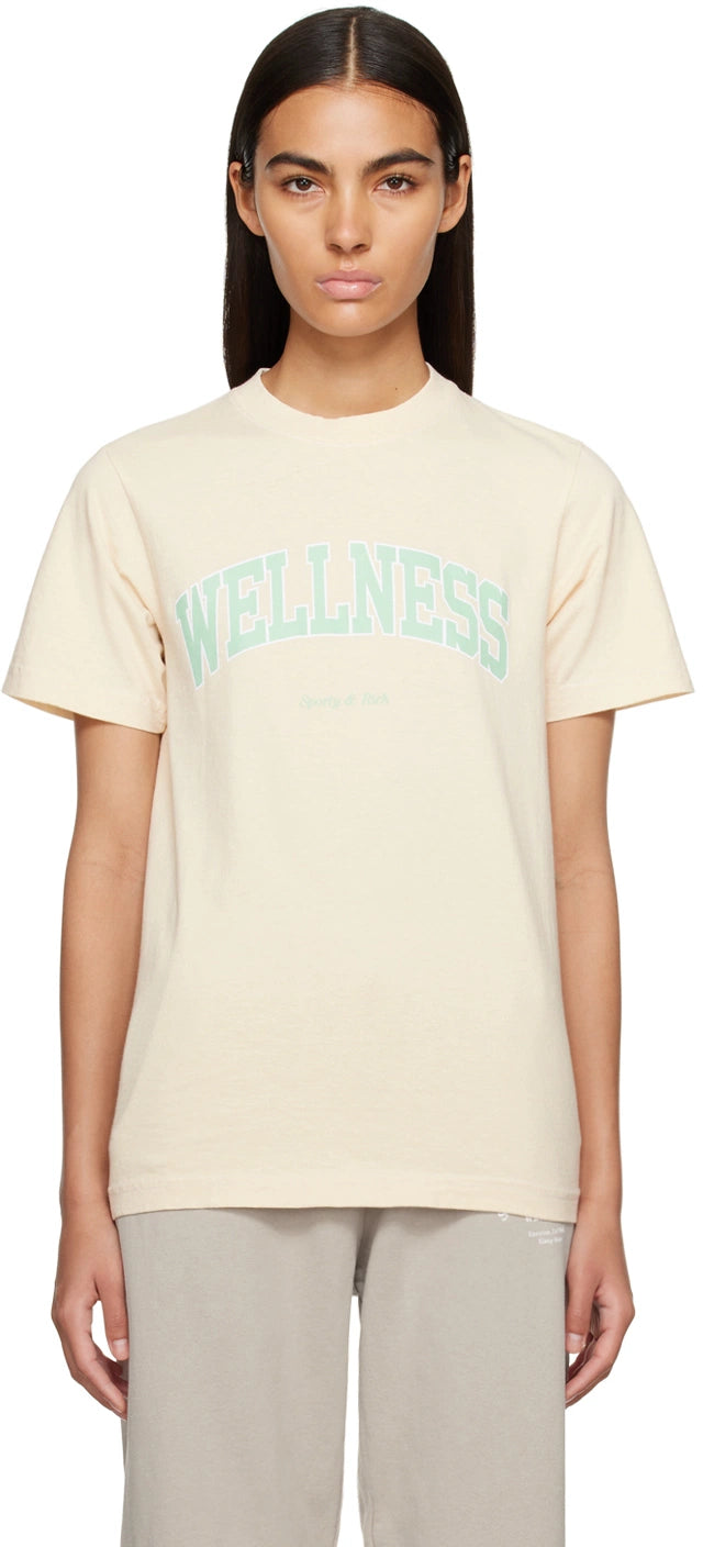 SPORTY & RICH  cream t-shirt "wellness" in green varsity writing