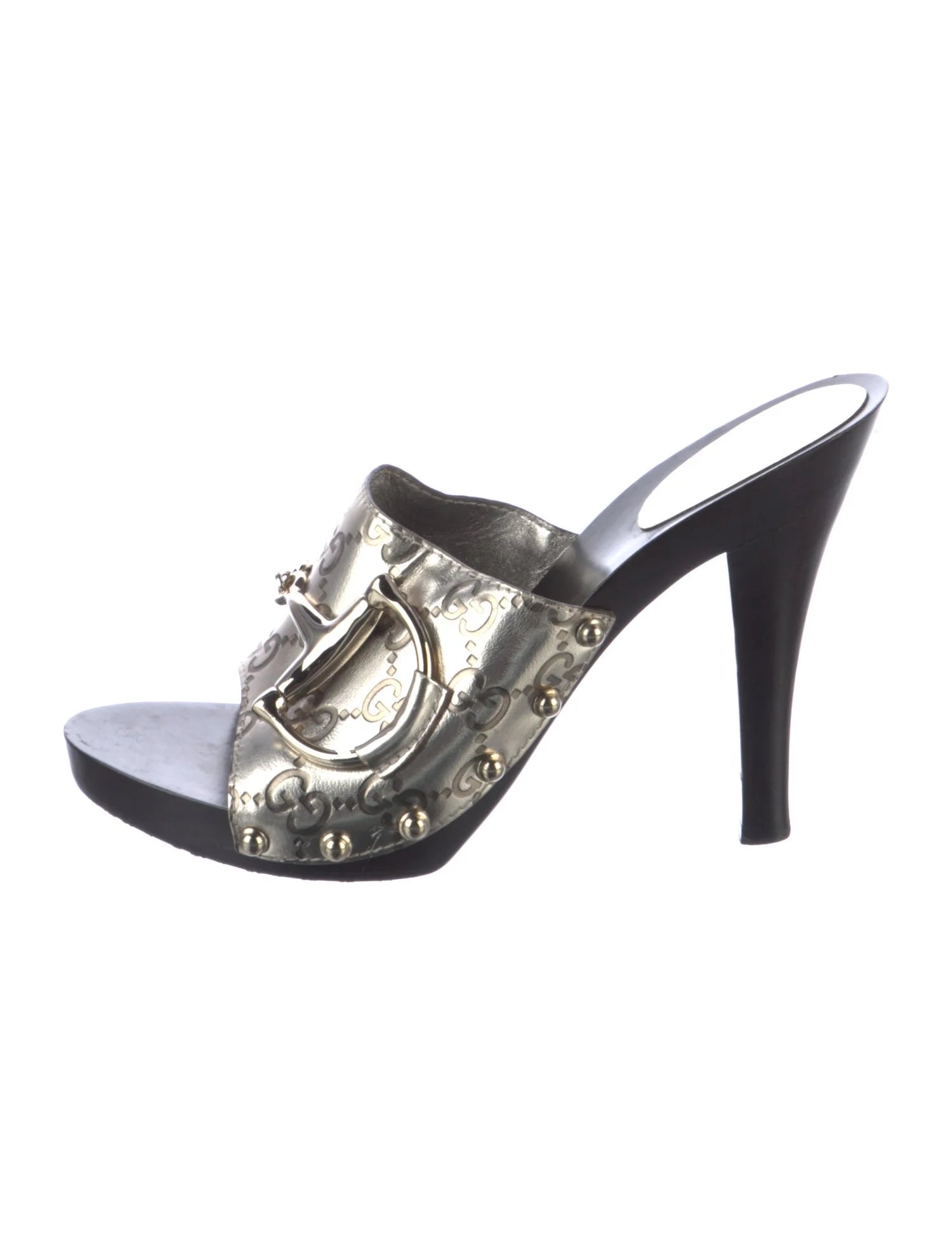 GUCCI silver high heel monoragm mule, large silver horsebit, black sole, w dust bags