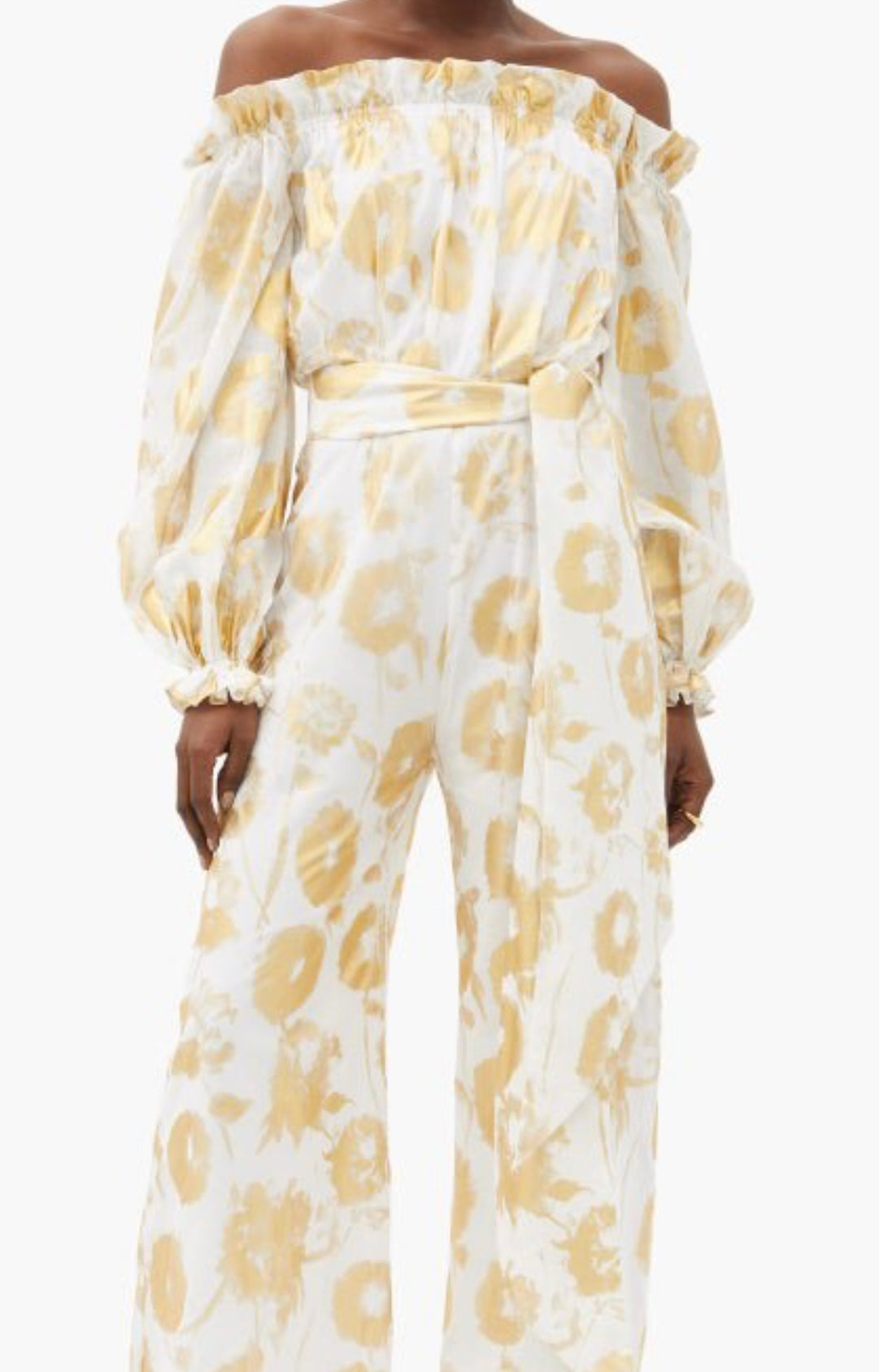 HALPERN 
Metallic-Print Off-The-Shoulder Cotton Jumpsuit - White Gold