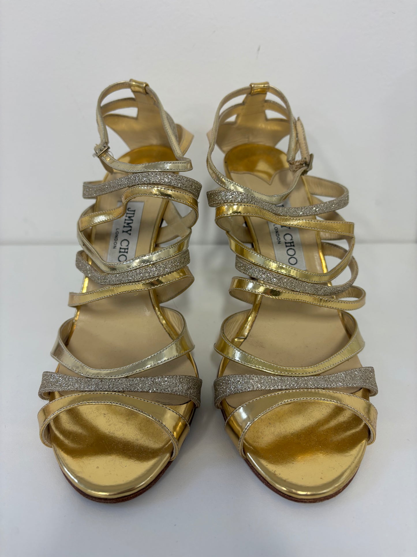 JIMMY CHOO gold glitter accent sandals