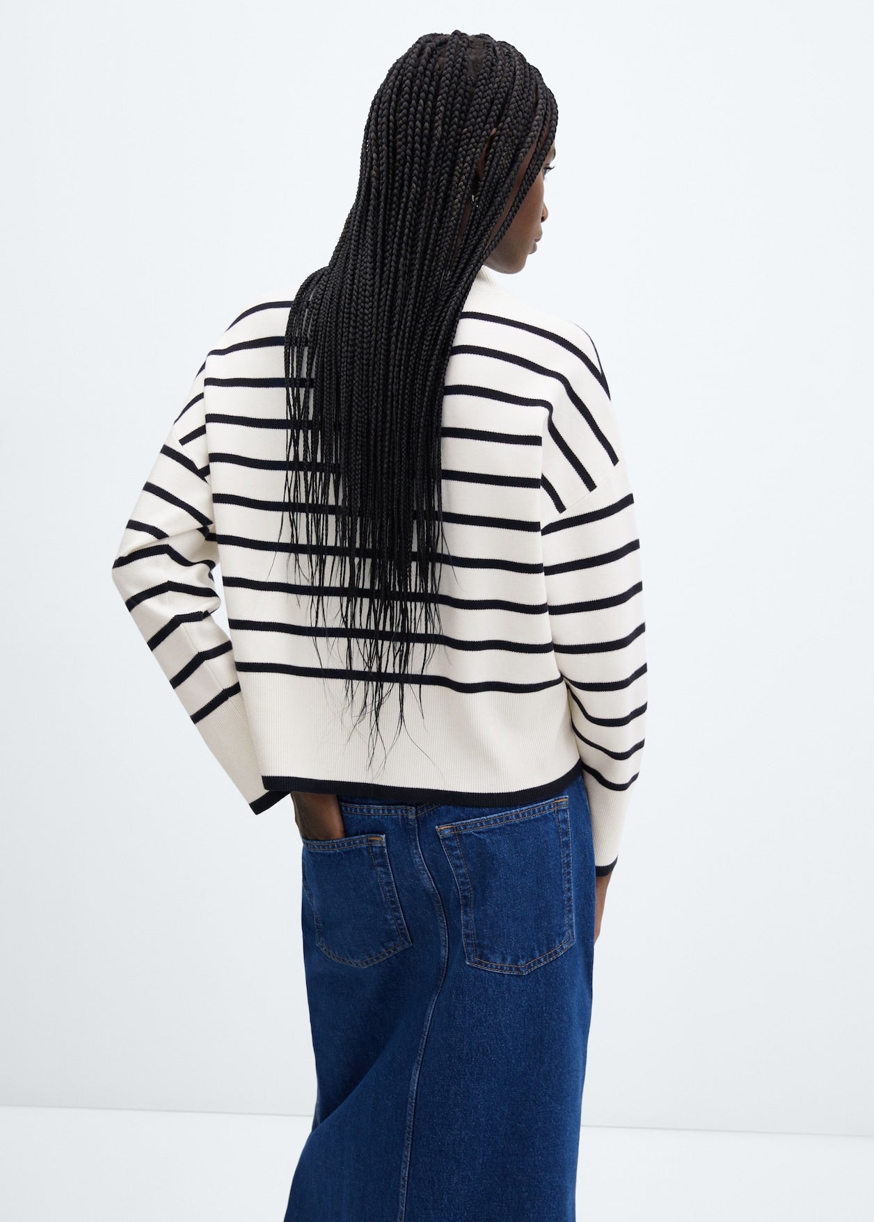 MANGO ivory/navy stripe crewneck sweater