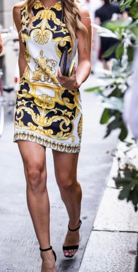 VERSACE gold baroque print dress