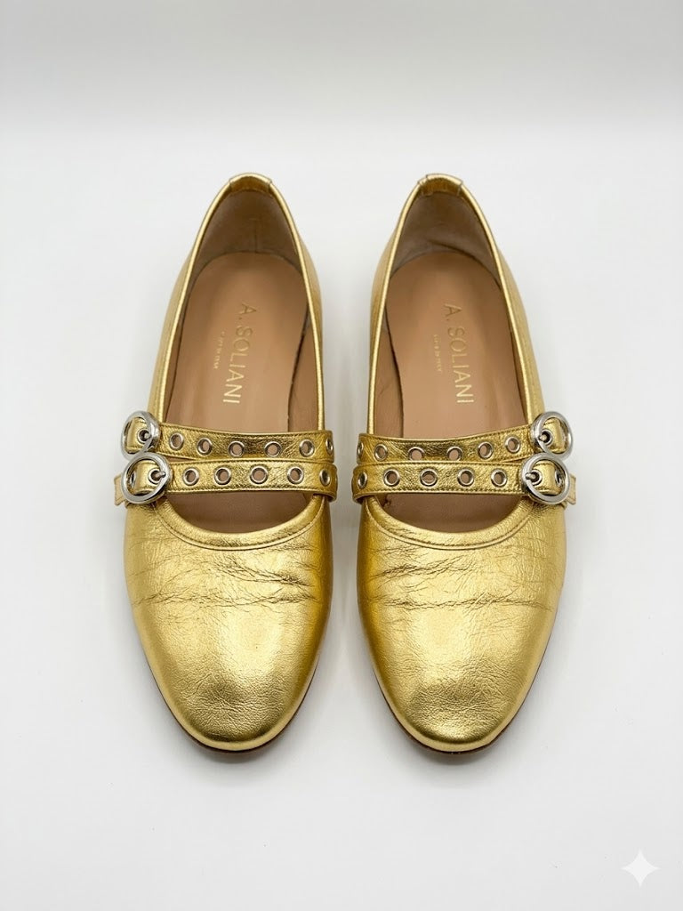A.SOLIANI mettalic gold flats with buckles