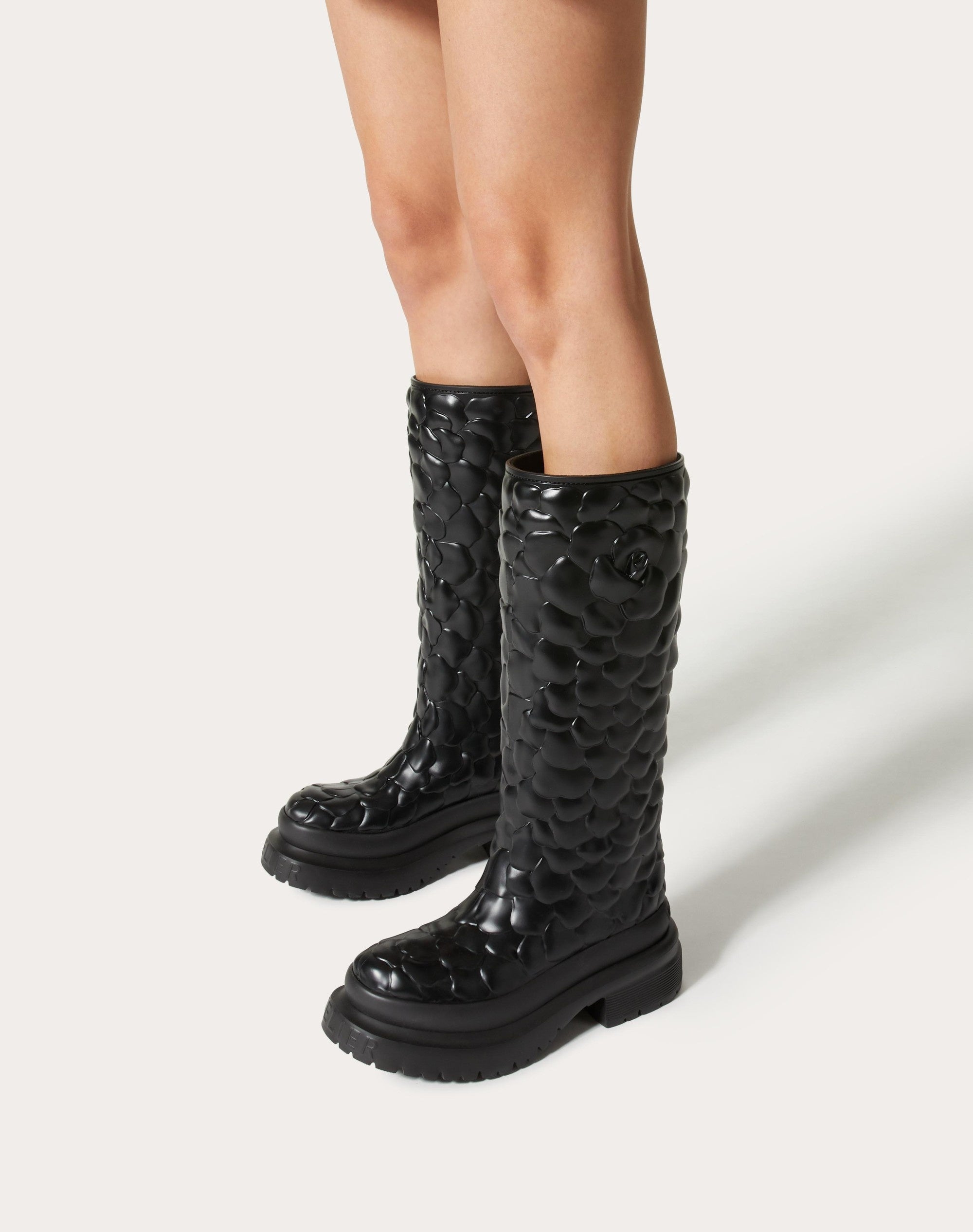 VALENTINO rose tall black rubber boots